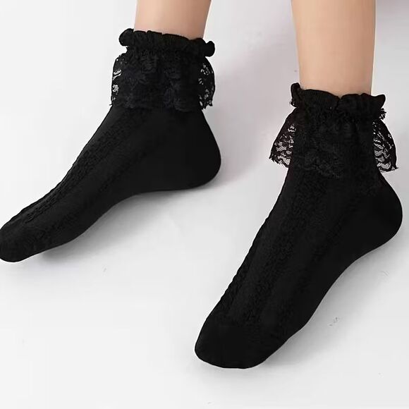 Black Ruffle Lace Top Women's Mid-Calf Socks NEW Cable knit pattern - Picture 2 of 7